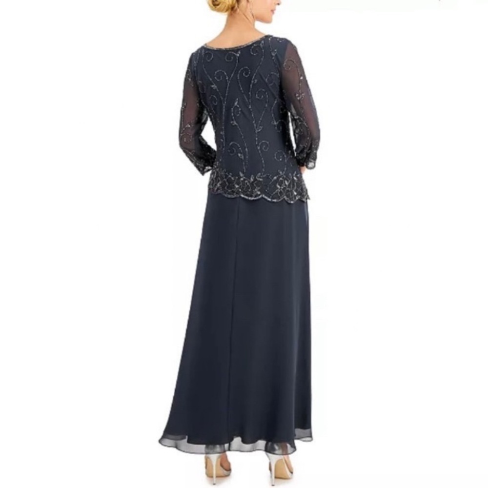 J Kara Illusion 3/4-sleeve Beaded-Overlay Gown in Gunmetal Metallic - Picture 2 of 9